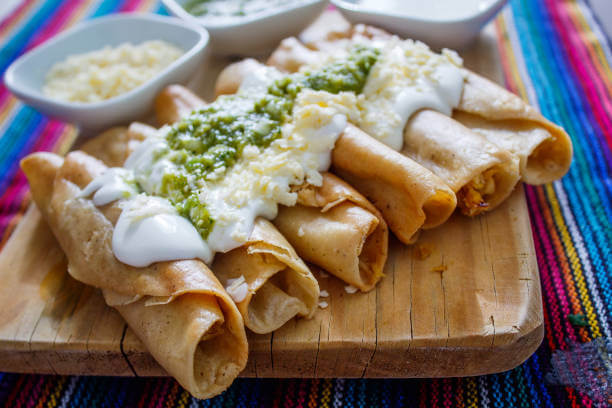 Mexican food. Freshly made fried chicken tacos is a mexican common food in every household